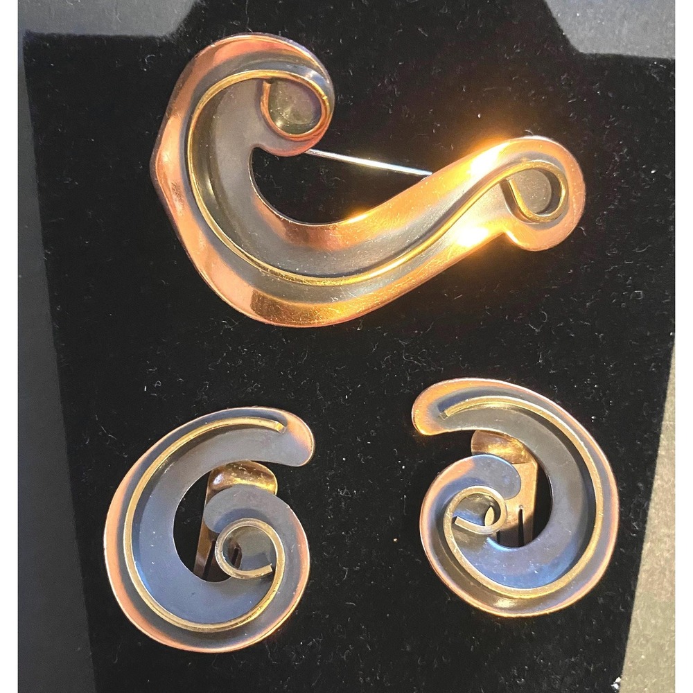 MCM Copper‎ Pin & Earrings Set Swirl Modernist